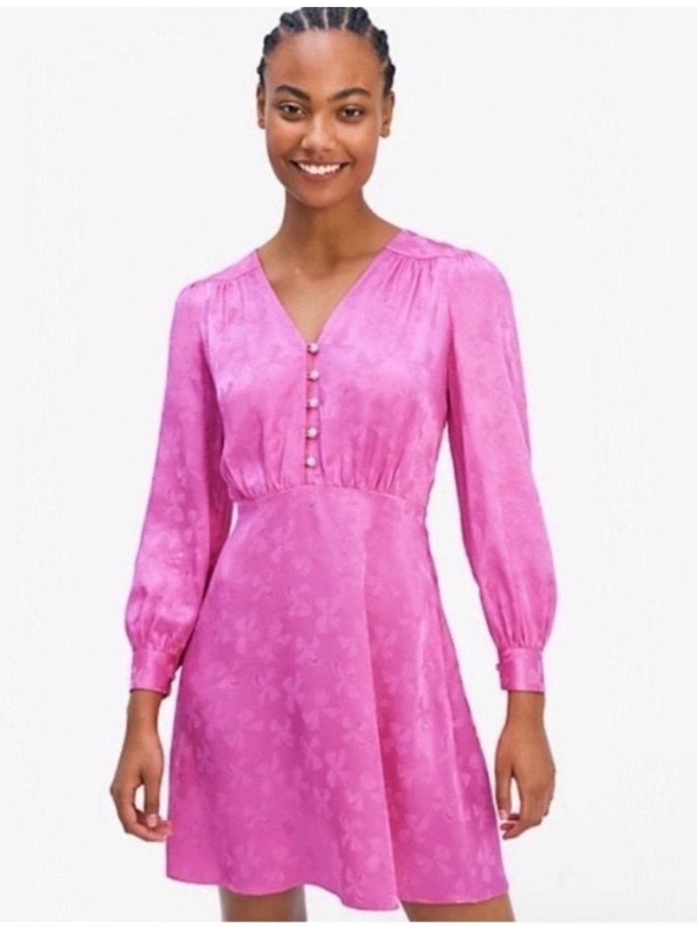Kate Spade Pink Long-Sleeve V-Neck Jewel Button Dress Size 2 EUC